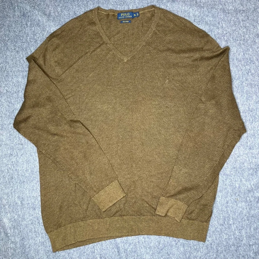 Polo Ralph Lauren Mens V Neck Sweater Brown Pima‎ Cotton Textured Knit XL Hole